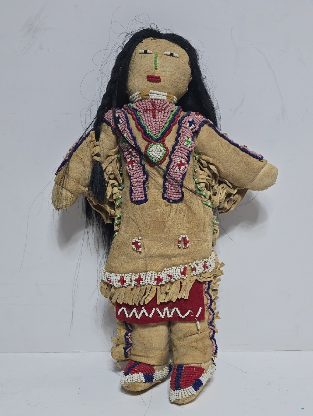 Antique Lakota Sioux Native American Handmade Leather Beaded Doll Human Hair